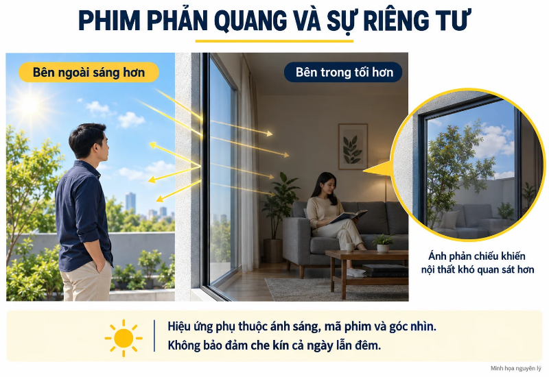 Minh họa phim phản quang hạn chế nhìn vào khi bên ngoài sáng hơn bên trong.